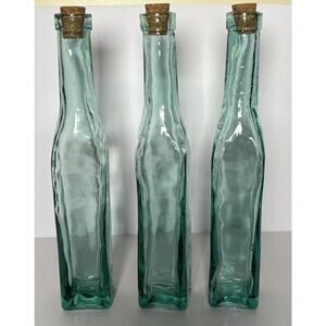 Set of 3 Hand Blown Green Bottles Glass Rippled Bubbles 11"